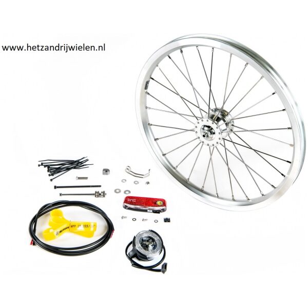 Brompton lichtset incl naafdynamo wiel silver SV8 met voor en achterlicht en benodigdheden